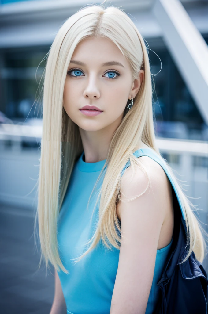 22 year old white woman、Hair color is blonde、Blue eyes、wide、Straight hair、accessories on the wrist、I&#39;I&#39;m wearing a choker、the skin is soft、a smile、Slim but muscular body.、my heart is beating、a smile、wearing a skater dress、wearing red heels、I&#39;I&#39;m sitting on a stone staircase in the city., resting my chin on my chin.