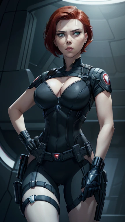 Scarlett Johansson as Black Widow, ((Masterpiece)); ((Natural Beauty)); ((Ultrarealistic green eyes)); both eyes are similar; ((Ultrarealistic fair white skin)); ((Ultrarealistic round boobs)); Deep Cleavage; ((Ultrarealistic red short classic bob haircut hairstyle)); ((Ultrarealistic round Asscheeks)); slim waist; ((Ultrarealistic widow bite black gloves)); ((Ultrarealistic black widow utility belt)); black and red tactical vest; Bright Red stripe accents on the side of the suit; Short sleeve; looking at the viewer;  
She stands with her feet shoulder-width apart, one hand on her hip and the other resting on a weapon holstered at her side. Her short hair is slicked back, and she has an intense, intimidating stare that shows she means business.