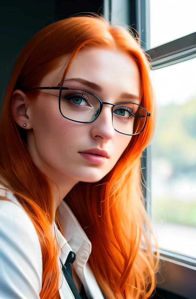 Photo of Sophie Turner, real, Beautiful actress, (ginger hair), ((Portrait)), ((Detailed face:1.2)), ((detailed facial features)), finely detailed skin, bright green eyes, futuristic lab environment, Sitting on a chair, She is wearing cat-eye glasses, a thight white blouse with some open buttons that reveal her cleavage under a white a labcoat, Warm color, cozy, Natural light, No reflectors, ((Candid shot)), (( Photographed in a realistic style), (High definition), Wallpaper quality, (Emotive and intimate lighting), (camera centered in her face) .