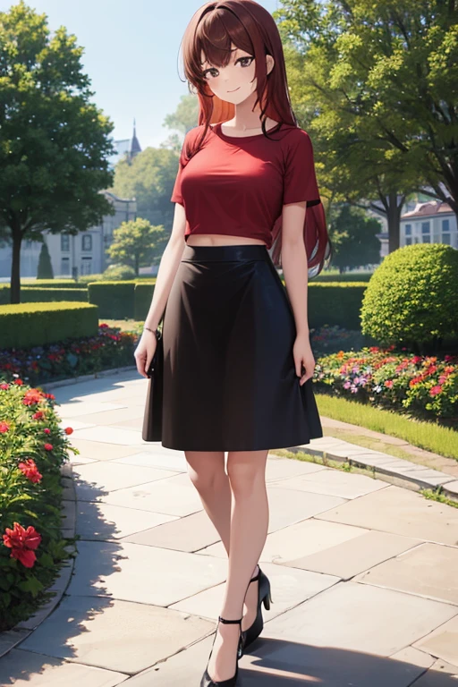 1girl, woman, red t-shirt, black midi pencil skirt, medium length skirt, tight skirt, midriff, long hair, brown hair, full body, smile, garden
