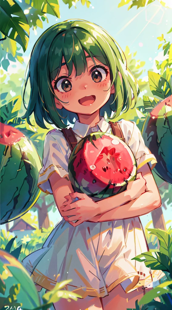 Girl, Watermelon, Happy, Summer, Perfect Quality, Clear Focus (Clutter - Home: 0.8), (Masterpiece: 1.2) (Realistic: 1.2) (Bokeh) (Best Quality) (Detailed Skin: 1.3) (Intricate Detail) (8K) (Detail Eye) (Sharp Focus), (Happy