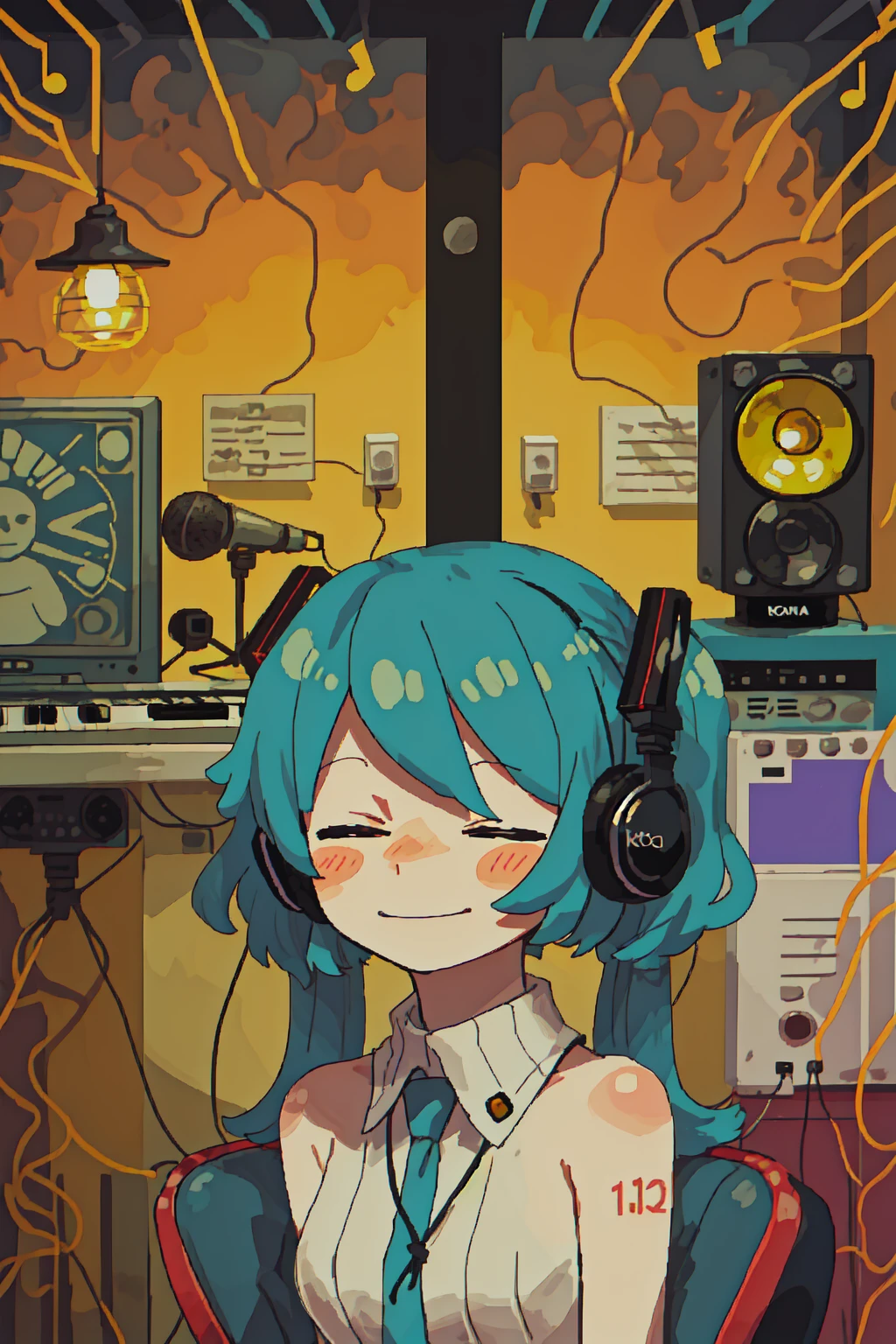 vocaloid, (hatsune miku, aqua hair, very long hair, twintails, aqua nails, aqua necktie:1.2),
(grant wood, american gothic:1.2),
1girl, solo, (portrait), smile, closed mouth, (closed eyes), lips, (spoken musical note),
(final fantasy tactics:1.2),
(recording studio interior:1.2), headphones, (lanyard), technology, frutiger aero, (korg, korg triton, daw, korg m1, yamaha dx7, synthesizer, digital audio, wave format audio, riff, graphic equalizer, piano roll, dtm, top 10 free vst plugins download now:1.2), loaded interior, (indoors:1.1), gramophone,
cymbals, drum kit, microphone stand, music stand, classical music, interior of an amphitheatre, (speaker system, subwoofer),
(mainframe computer, computer rack, synthesizer rack, computer shelf, modular synthesizer, moog, buchla, serge),
naked, nude, slim body, aethetic, gothic, (negative space:1.15), exposed breasts, small breasts, flat chest, exposed vagina, intimate green hair,
(hair ribbon, white ribbon:1.2), (lamp, overhead light, light bulb, ornament),
(blush stickers, blush),
(cozy:1.2),
(arabian ink, paper marbling:1.1),
(surreal, abstract, vincent van gogh:1.2), (complimentary colors),
(by Jeremy Lipking:0.8), (by Antonio J Manzanedo:0.7), (by Paul Lehr:1.1)