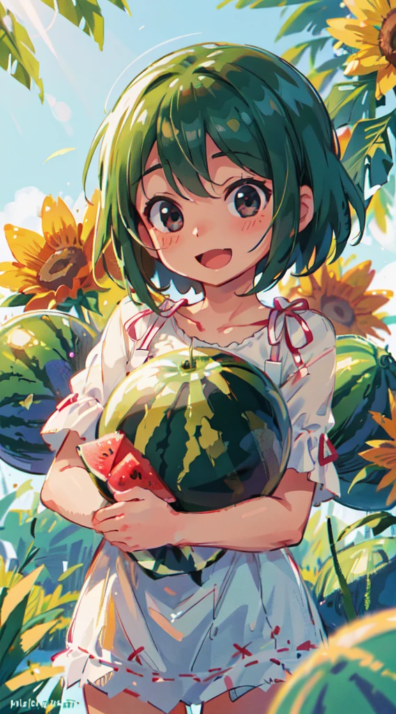 Girl, Watermelon, Happy, Summer, Perfect Quality, Clear Focus (Clutter - Home: 0.8), (Masterpiece: 1.2) (Realistic: 1.2) (Bokeh) (Best Quality) (Detailed Skin: 1.3) (Intricate Detail) (8K) (Detail Eye) (Sharp Focus), (Happy