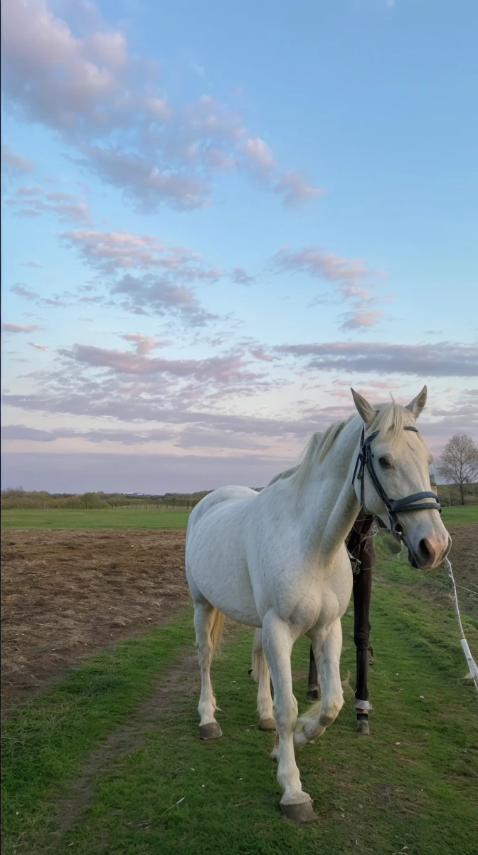 Natural landscape well-groomed white horse in the grass sky with very light purple clouds darkening and good quality