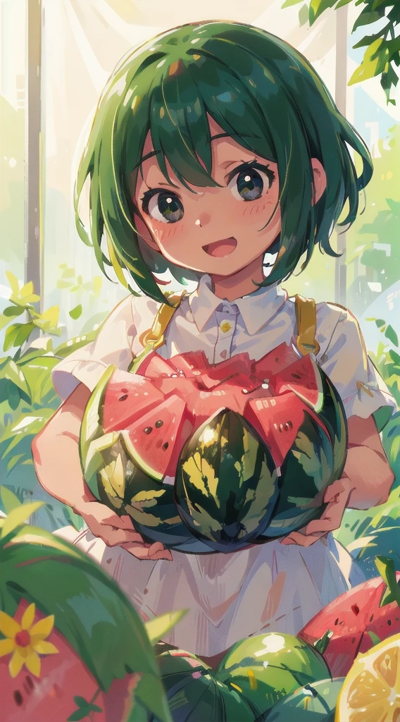 Girl, Watermelon, Happy, Summer, Perfect Quality, Clear Focus (Clutter - Home: 0.8), (Masterpiece: 1.2) (Realistic: 1.2) (Bokeh) (Best Quality) (Detailed Skin: 1.3) (Intricate Detail) (8K) (Detail Eye) (Sharp Focus), (Happy