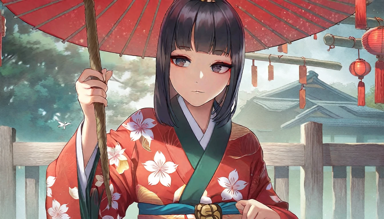 Cel shading highest quality, masterpiece, detailed, beautiful,
One girl, alone, Long black hair ,detailed face, kimono, Lock