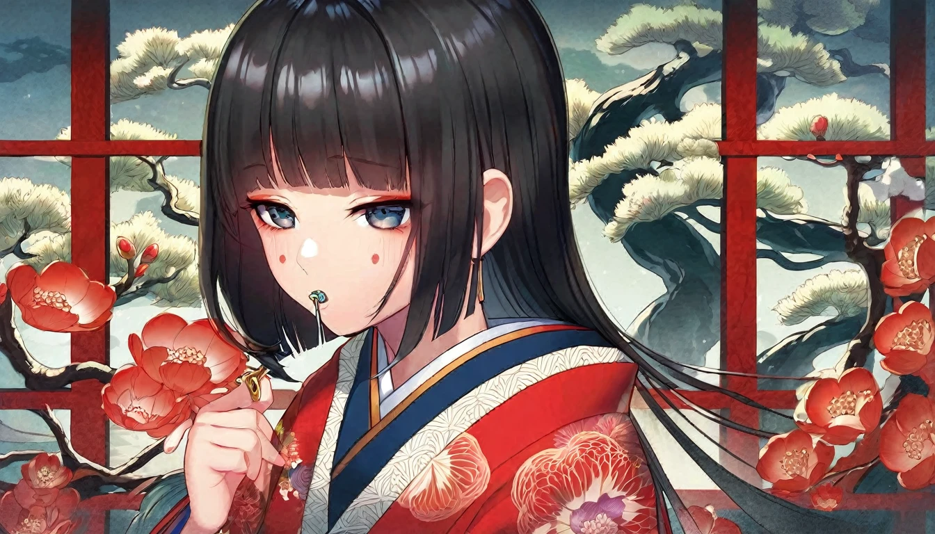 Cel shading highest quality, masterpiece, detailed, beautiful,
One girl, alone, Long black hair ,detailed face, kimono, Lock