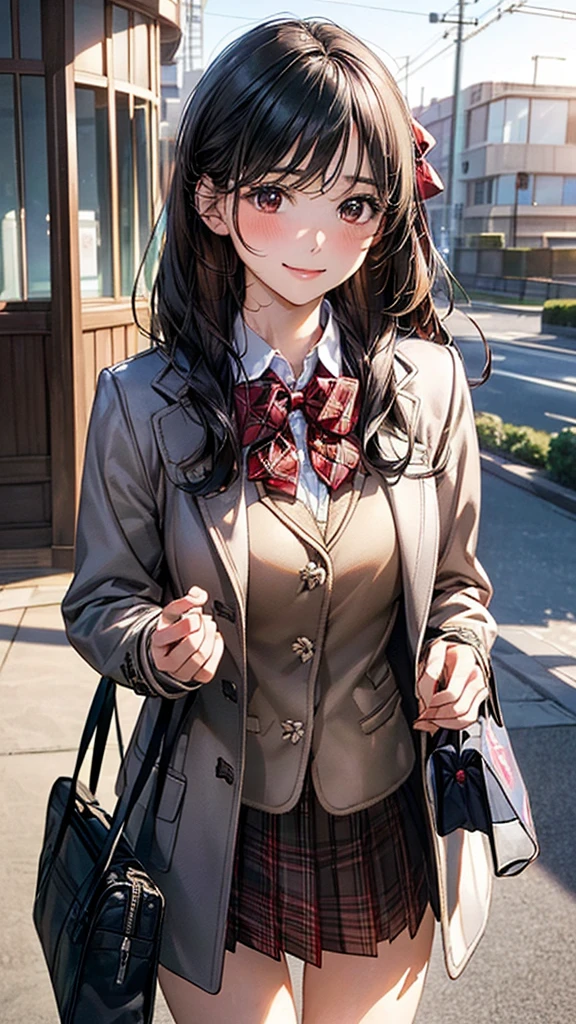 (masterpiece:1.2, Highest quality), (Realistic, photoRealistic:1.4), Beautiful illustrations, (Natural Side Lighting, Cinema Lighting),
View your viewers, Cowboy Shot, Front view, 1 Girl, Japanese, high school girl, Perfect Face, Cute and symmetrical face, Shiny skin,
(Long Hair, Black Hair), Parted bangs, Dark brown eyes, (Big Ass),
Beautiful Hair, Beautiful Face, Beautiful attention to detail, Beautiful clavicle, Beautiful body, Beautiful breasts, Beautiful thighs, Beautiful feet, Beautiful fingers,
((Duffle coat、blazer、Long sleeve collared shirt, Red plaid bow tie)), Student bag、
(Beautiful views), evening, On the way home from school, walking, (Cute smile, Upward glance),