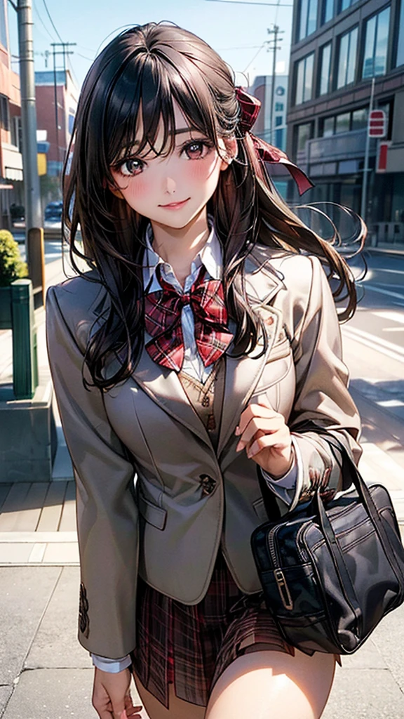 (masterpiece:1.2, Highest quality), (Realistic, photoRealistic:1.4), Beautiful illustrations, (Natural Side Lighting, Cinema Lighting),
View your viewers, Cowboy Shot, Front view, 1 Girl, Japanese, high school girl, Perfect Face, Cute and symmetrical face, Shiny skin,
(Long Hair, Black Hair), Parted bangs, Dark brown eyes, (Big Ass),
Beautiful Hair, Beautiful Face, Beautiful attention to detail, Beautiful clavicle, Beautiful body, Beautiful breasts, Beautiful thighs, Beautiful feet, Beautiful fingers,
((Duffle coat、blazer、Long sleeve collared shirt, Red plaid bow tie)), Student bag、
(Beautiful views), evening, On the way home from school, walking, (Cute smile, Upward glance),