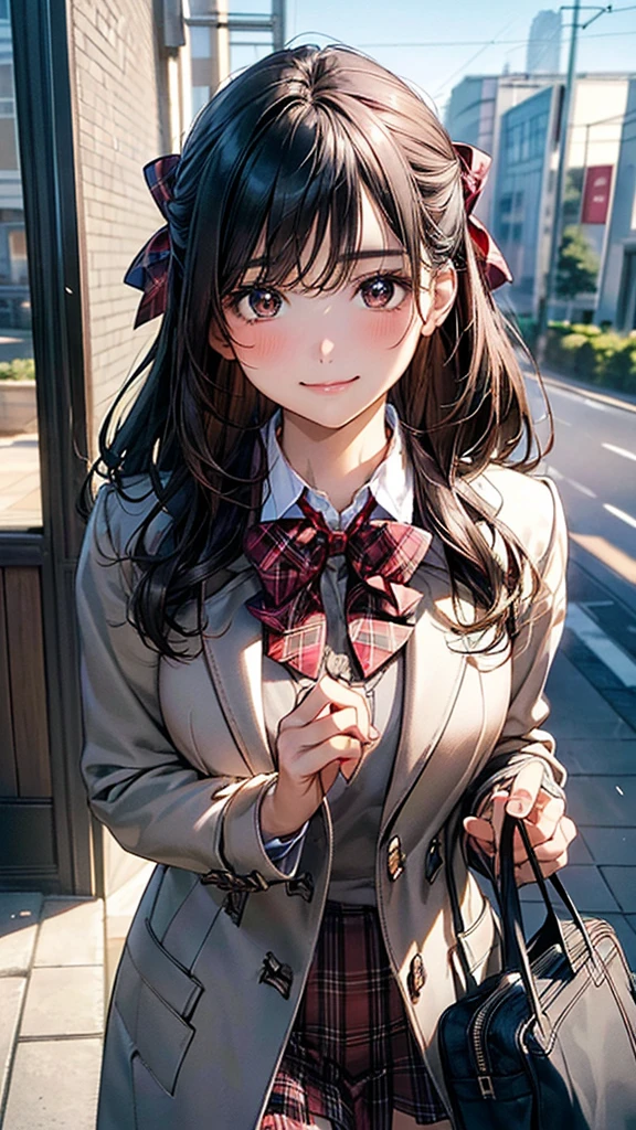 (masterpiece:1.2, Highest quality), (Realistic, photoRealistic:1.4), Beautiful illustrations, (Natural Side Lighting, Cinema Lighting), 
View your viewers, Cowboy Shot, Front view, 1 Girl, Japanese, high school girl, Perfect Face, Cute and symmetrical face, Shiny skin, 
(Long Hair, Black Hair), Parted bangs, Dark brown eyes, (Big Ass),  
Beautiful Hair, Beautiful Face, Beautiful attention to detail, Beautiful clavicle, Beautiful body, Beautiful breasts, Beautiful thighs, Beautiful feet, Beautiful fingers, 
((Duffle coat、blazer、Long sleeve collared shirt,  Red plaid bow tie)), Student bag、
(Beautiful views), evening, On the way home from school, walking, (Cute smile, Upward glance), 