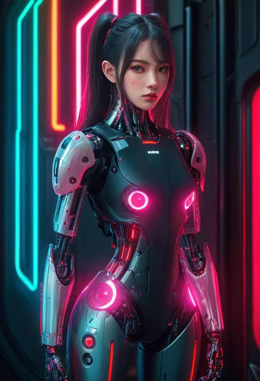 xxmixgirl. Highly detailed professional 35mm film, bokeh, face in sharp focus. A robotic female, Miku, with ((metal skin)), ((perfect Asian eyes)) with magenta irises and ((black pupils)), beautiful serious (detailed face), 18 year old ((photorealistic face)), very long magenta twin tails of magenta hair, twin black hair ties with a single red stripe. She may have a black audio headpiece. We can see her ((full body)) down to her boot soles. Her outfit is a sleeveless collared light grey shirt, outlined in red around the frilled collar and hems. Shiny reflective ((metallic breast cups, dimpleless)), invisible nipples. She wears black sleeves with red hems that start around her upper arm and bellow out as the sleeves open and extend to her wrists, with wide trumpet red rimmed cuffs. She has perfect robotic (detailed hands). She wears a red colored tie with two horizontal solid parallel black lines halfway across. She wears a fabric black skirt with a horizontal red hem at the bottom all the way around; her (((black skirt wraps around her))) and ((her skirt completely covers)) her robotic waist and thighs. Tall black boots with red bottom soles, a red rim around the top at her thighs. Her mechanical shoulder joints are visible. We can see her robotic legs and robotic neck. Half of her is covered with shiny polished machinery. The background is a distant dark neon futuristic Japanese city, gold, cyan, violet neon, near harbor or mountains.