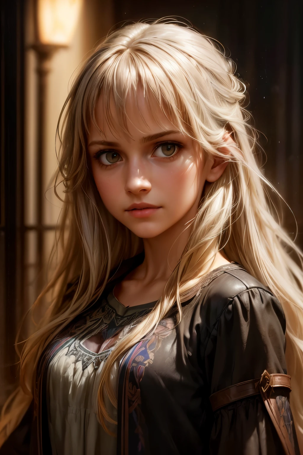 (front focus),(in the dark:1.6), Hyperrealist portrait of female by david hockney and alphonse mucha,fantasy art, photo realistic, dynamic lighting, artstation, poster, volumetric lighting, very detailed faces, 4 k, award winning,, 1girl, in the dark, deep shadow, low key,cowboy shot,(official clothing:1.4) ,long hair,white hair,