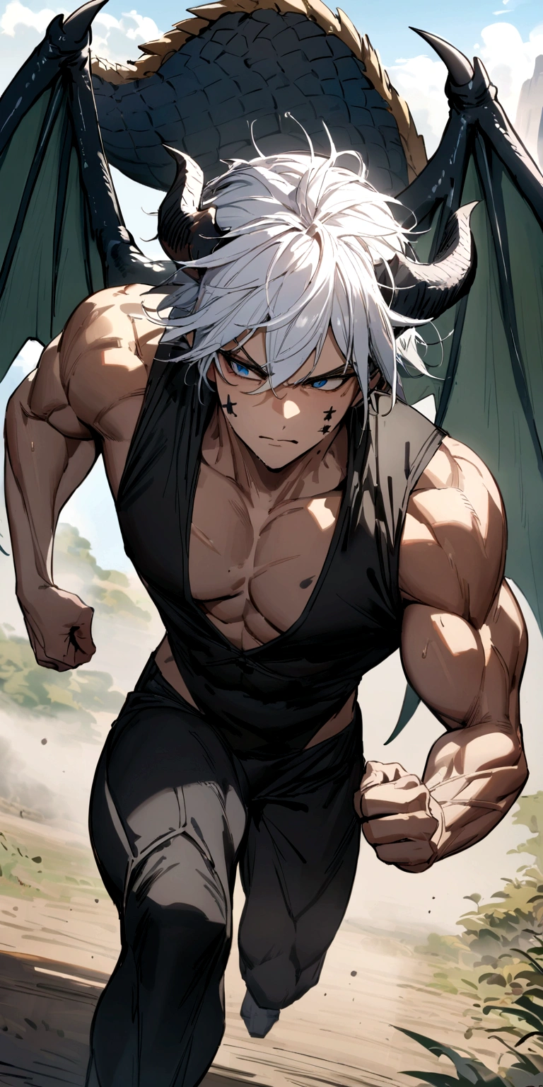 homen,strong musculature, White hair, best quality,open chest vest, blue and black clothes, Dragon Wings, black and blue dragon horns, black cloth on face, running cross