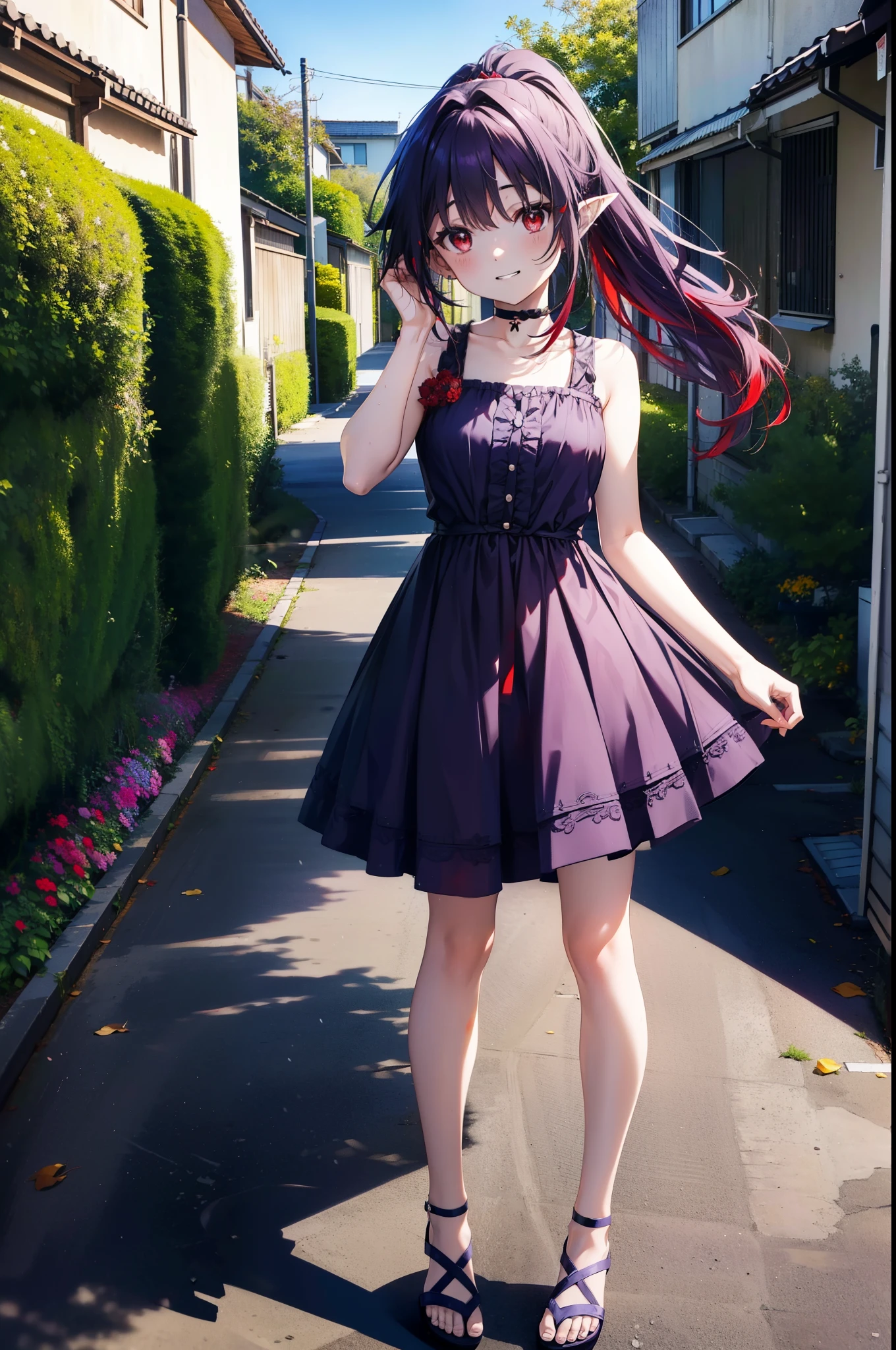 yuukikonno, Yuki Konno, hair band, Long Hair, Pointy Ears, Purple Hair, (Red eyes:1.5), (Small breasts:1.2),Side Ponytail,smile,Grin,Purple sleeveless dress、Cute Sandals,Put your right hand on your hip,Push-type suitcase,Are standing,Daytime,whole bodyがイラストに入るように, break looking at viewer, whole body, break outdoors,countryside, Residential Street,city, break (masterpiece:1.2), Highest quality, High resolution, unity 8k wallpaper, (shape:0.8), (Fine and beautiful eyes:1.6), Highly detailed face, Perfect lighting, Highly detailed CG, (Perfect hands, Perfect Anatomy),チックなmorning日,morning,Extreme Light,