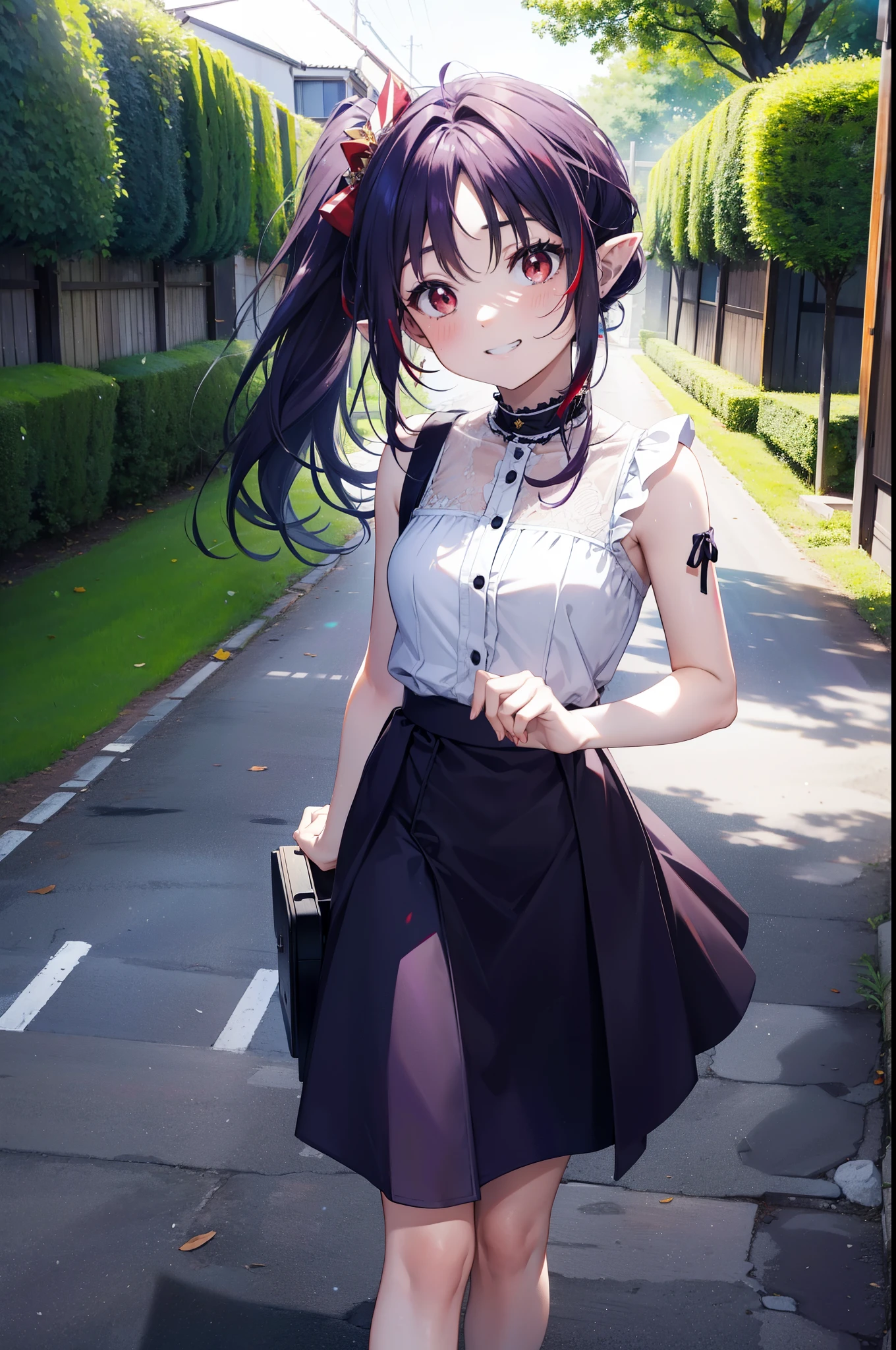 yuukikonno, Yuki Konno, hair band, Long Hair, Pointy Ears, Purple Hair, (Red eyes:1.5), (Small breasts:1.2),Side Ponytail,smile,Grin,Purple sleeveless dress、Cute Sandals,Put your right hand on your hip,Push-type suitcase,Are standing,Daytime,whole bodyがイラストに入るように, break looking at viewer, whole body, break outdoors,countryside, Residential Street,city, break (masterpiece:1.2), Highest quality, High resolution, unity 8k wallpaper, (shape:0.8), (Fine and beautiful eyes:1.6), Highly detailed face, Perfect lighting, Highly detailed CG, (Perfect hands, Perfect Anatomy),チックなmorning日,morning,Extreme Light,