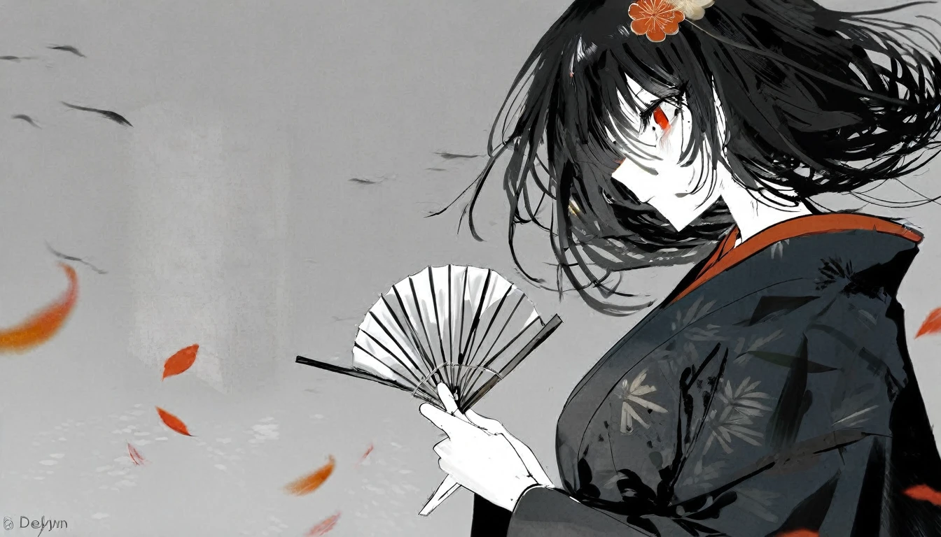 by Demizu Posuka by ziyun,
Detailed face paper texture of one girl in kimono,
Fan from the side,
Slope
(High resolution,
masterpiece,
Highest quality, )