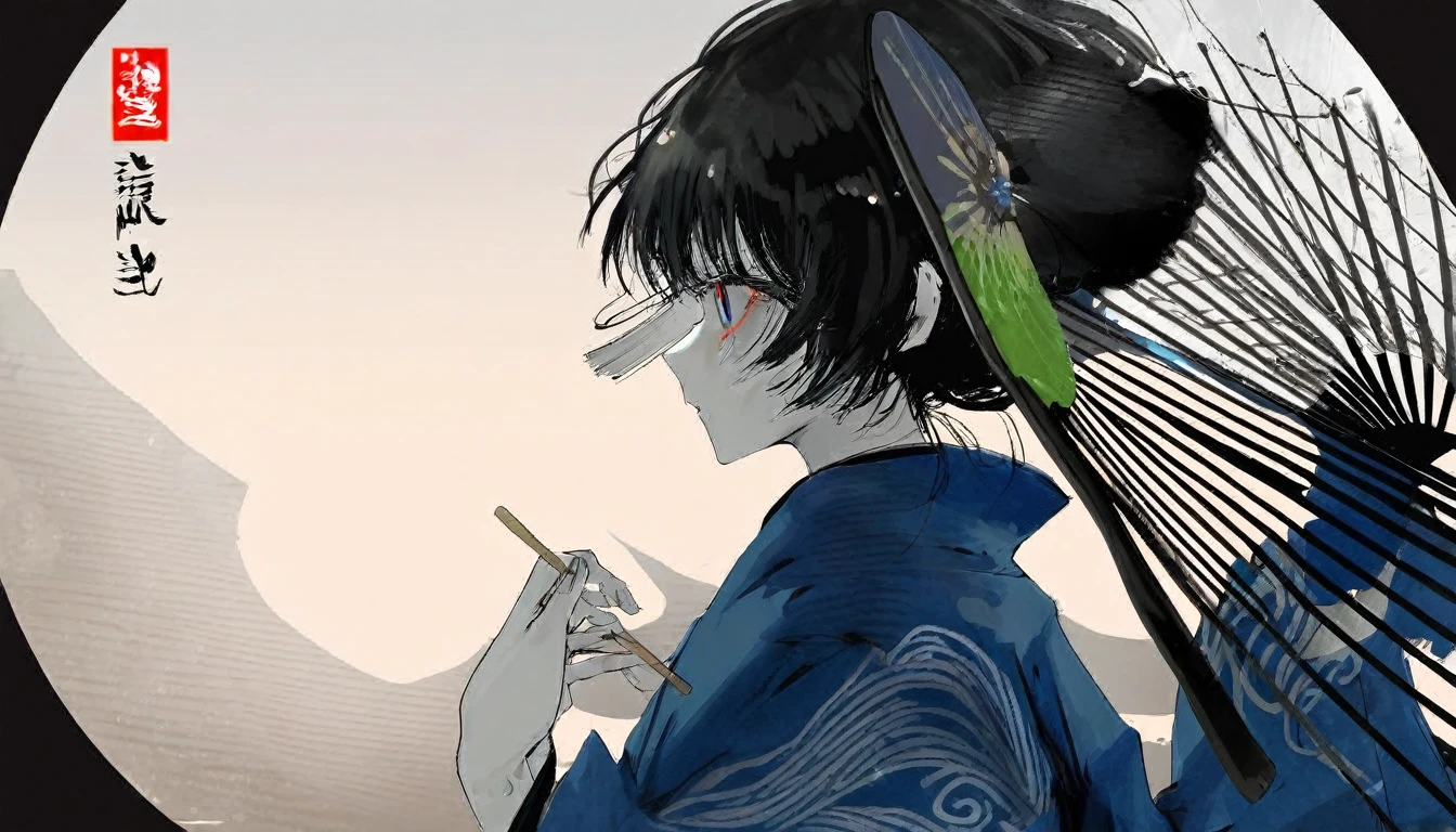 by Demizu Posuka by ziyun,
Detailed face paper texture of one girl in kimono, 
Fan from the side, 
Slope
(High resolution, 
masterpiece, 
Highest quality, )
