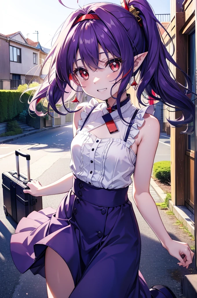 yuukikonno, Yuki Konno, hair band, Long Hair, Pointy Ears, Purple Hair, (Red eyes:1.5), (Small breasts:1.2),Side Ponytail,smile,Grin,Purple sleeveless dress、Cute Sandals,Put your right hand on your hip,Push-type suitcase,Are standing,Daytime,whole bodyがイラストに入るように, break looking at viewer, whole body, break outdoors,countryside, Residential Street,city, break (masterpiece:1.2), Highest quality, High resolution, unity 8k wallpaper, (shape:0.8), (Fine and beautiful eyes:1.6), Highly detailed face, Perfect lighting, Highly detailed CG, (Perfect hands, Perfect Anatomy),チックなmorning日,morning,Extreme Light,