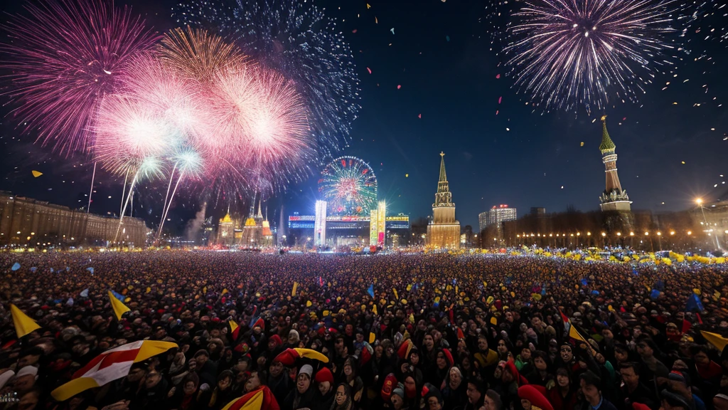 "A massive open-air event with thousands of beautiful dancing adults, featuring Alexei Navalny, some with clothing reminiscent of the Ukrainian flag, vibrant and energetic atmosphere, colorful lights and stage, diverse crowd with smiling faces, dynamic dance moves, intricate costumes, background cityscape of Moscow, confetti in the air, musical instruments visible --v 5 --q 2 --ar 16:9"