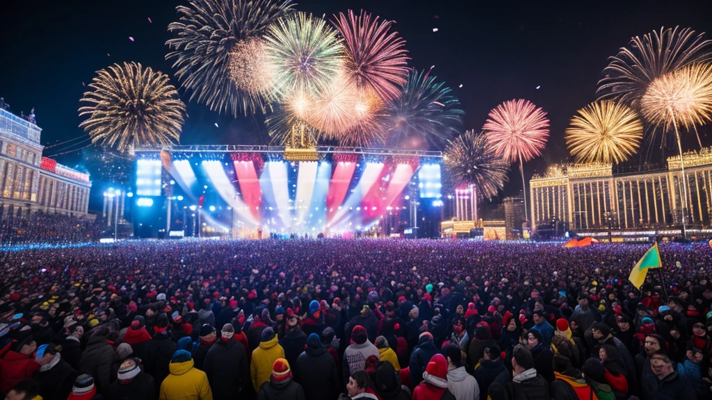 "A massive open-air event with thousands of beautiful dancing adults, featuring Alexei Navalny, some with clothing reminiscent of the Ukrainian flag, vibrant and energetic atmosphere, colorful lights and stage, diverse crowd with smiling faces, dynamic dance moves, intricate costumes, background cityscape of Moscow, confetti in the air, musical instruments visible --v 5 --q 2 --ar 16:9"
