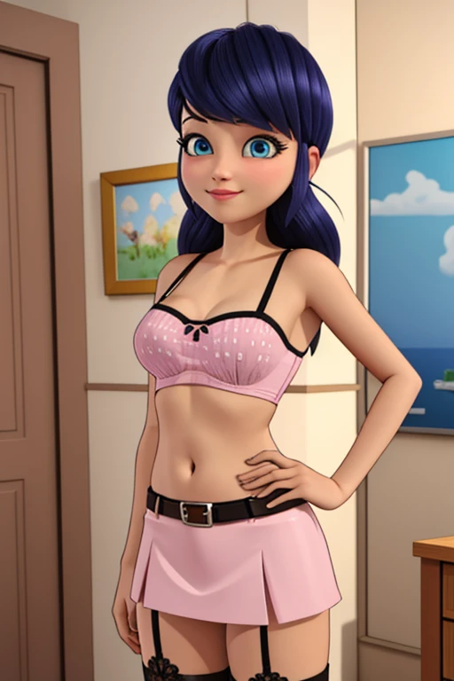 (8k, RAW photo, best quality, masterpiece:1.2), (intricate details), perfect eyes, perfect face, perfect lighting, beautiful, (masterpiece:1.2), (best quality:1.2), 1girl, solo, marinette, blue hair, ((long hair down)), adult torso, 18 years old, slight smile, large sized breasts, (purple lingeries, cowboy shot, 3DMM,underboobs, lingeries, garters, underboobs, bellybutton diamond, bigger breast, naked, hard tiny nipples, purple lingerie, stocking, highsocks, naked, high heel,