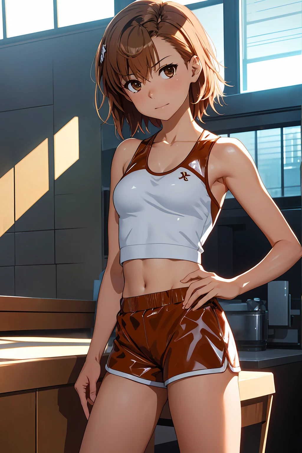 Highest quality:1.5, High resolution, uhd, 4K, Detailed lighting, Shaders), NSFW Misaka Mikoto,short hair　Brown Hair　Brown eyes　Cool face　　((Black latex shorts))++　Sports bra with a small area　Realistic sun rays　 Beautiful park