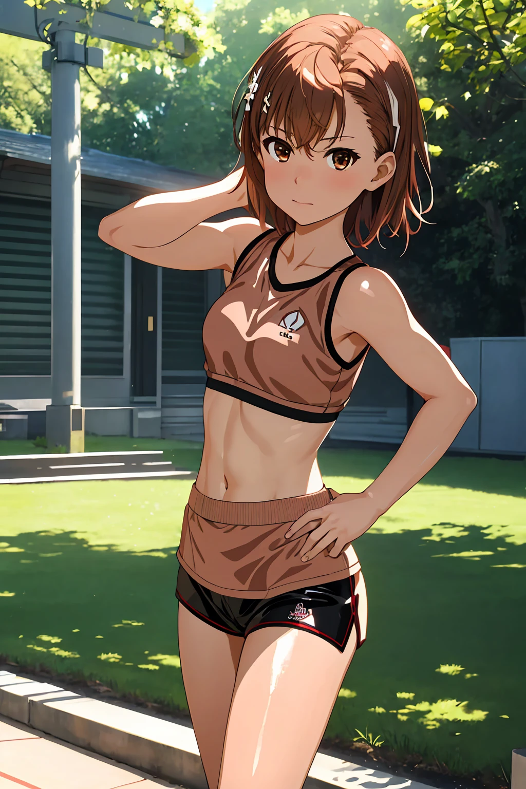 Highest quality:1.5, High resolution, uhd, 4K, Detailed lighting, Shaders), NSFW Misaka Mikoto,short hair Brown Hair Brown eyes Cool face ((Black latex shorts))++ Sports bra with a small area Realistic sun rays Beautiful park
