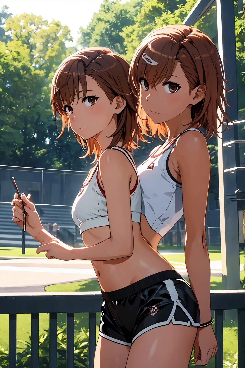 Highest quality:1.5, High resolution, uhd, 4K, Detailed lighting, Shaders), NSFW Misaka Mikoto,short hair Brown Hair Brown eyes Cool face ((Black latex shorts))++ Sports bra with a small area Realistic sun rays Beautiful park