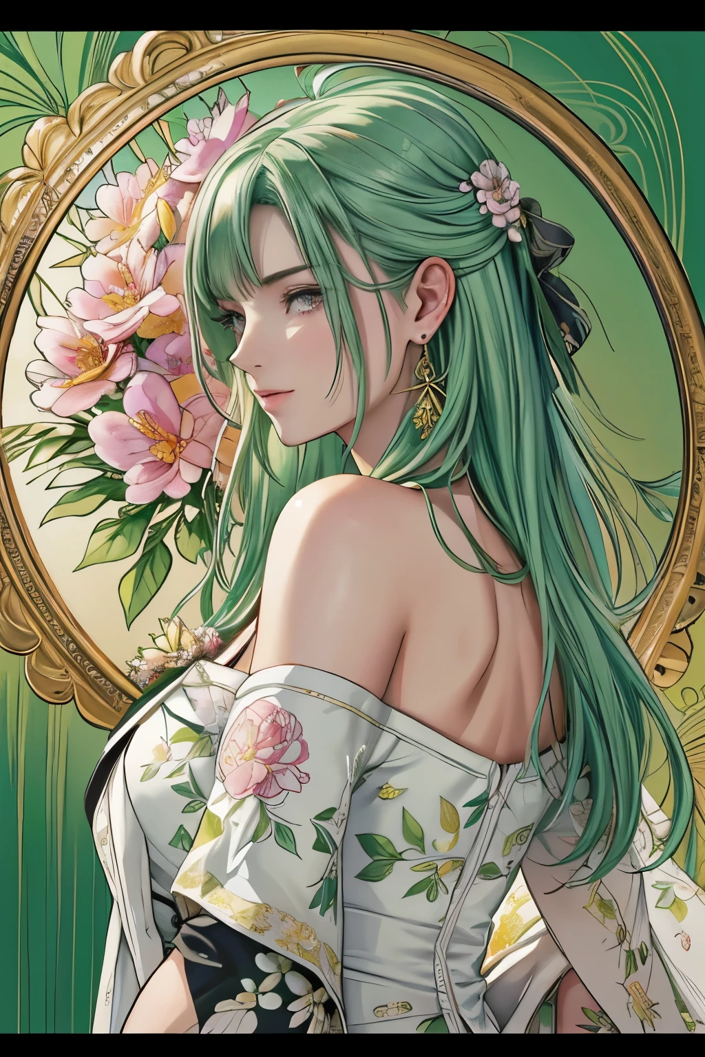 (​masterpiece, top-quality, top-quality, Official art, Beautifully Aesthetic:1.2), purple eyes, (highest quality, masterpiece painting:1.3), immature woman, , (half body shot), masterpiece, ultra high resolution, (((Flower frame, A lot of flowers in the frame, round frame, A beautiful girl fits into the frame))), Decorative panel, abstract art, (shot from a side angle), (Photoreal:1.0), ((light green hair)),straight hair, beautiful shining hair, white and shining skin, Painterly, sketch, Texture, 超A high resolution, solo, Beautuful Women, A highly detailed, (Fractal Art:1.1), (colourfull:1.1), (florals:1.6), The most detailed, (Zentangle:1.2), (Dynamic Poses), (Abstract background:1.3), (shinny skin), (Many colors:0.8), (earrings:1.4), (pluma:0.9), Taisho romance