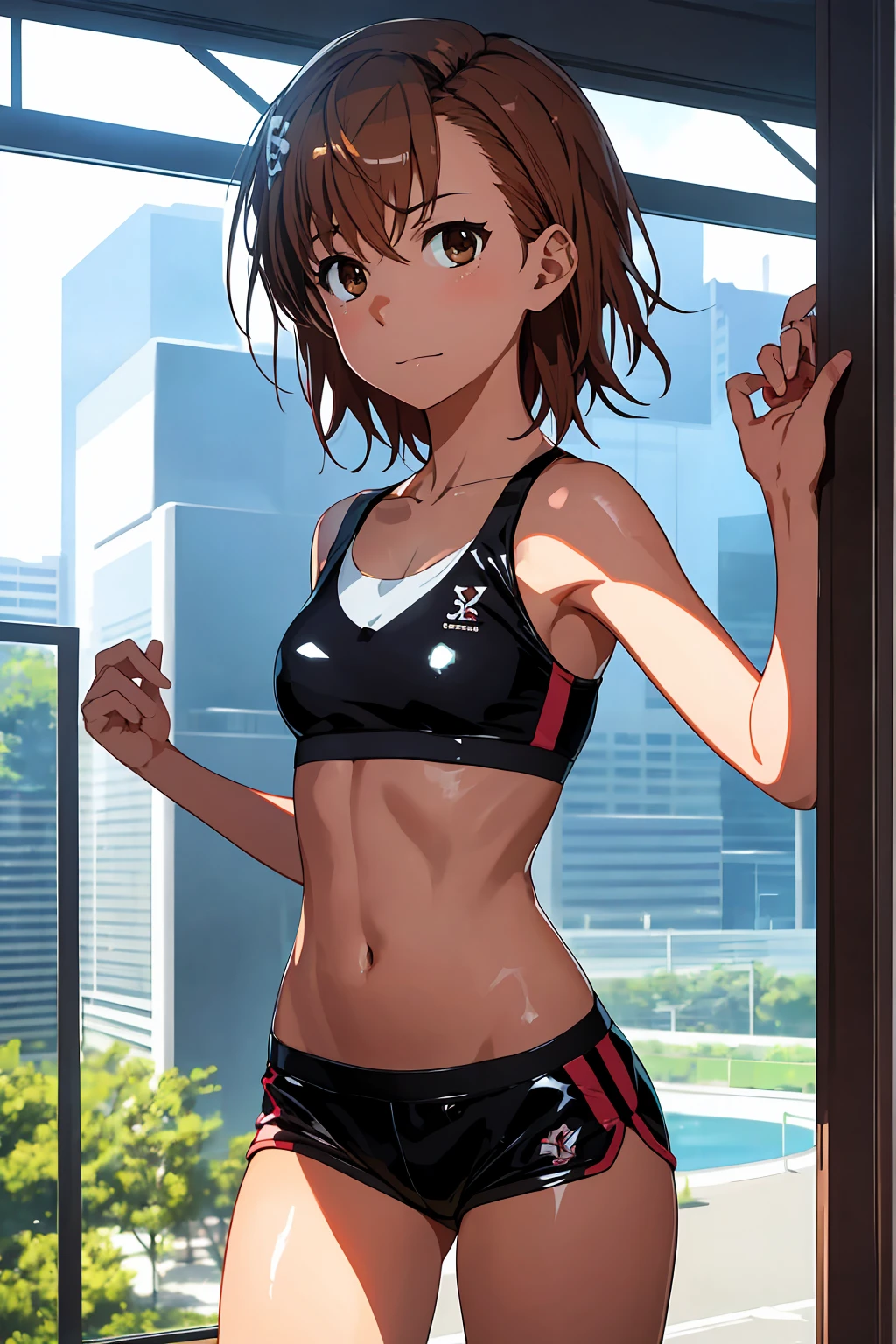 Highest quality:1.5, High resolution, uhd, 4K, Detailed lighting, Shaders), NSFW Misaka Mikoto,short hair Brown Hair Brown eyes Cool face ((Black latex shorts))++ Sports bra with a small area Realistic sun rays Beautiful park