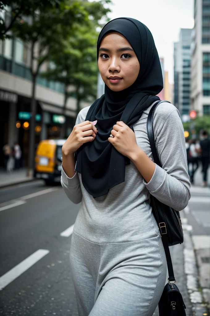 a Malay girl in hijab as she navigates the urban jungle, confidently commuting to work or school, showcasing her modern lifestyle in the heart of the city, close up, ray lighting, bokeh,