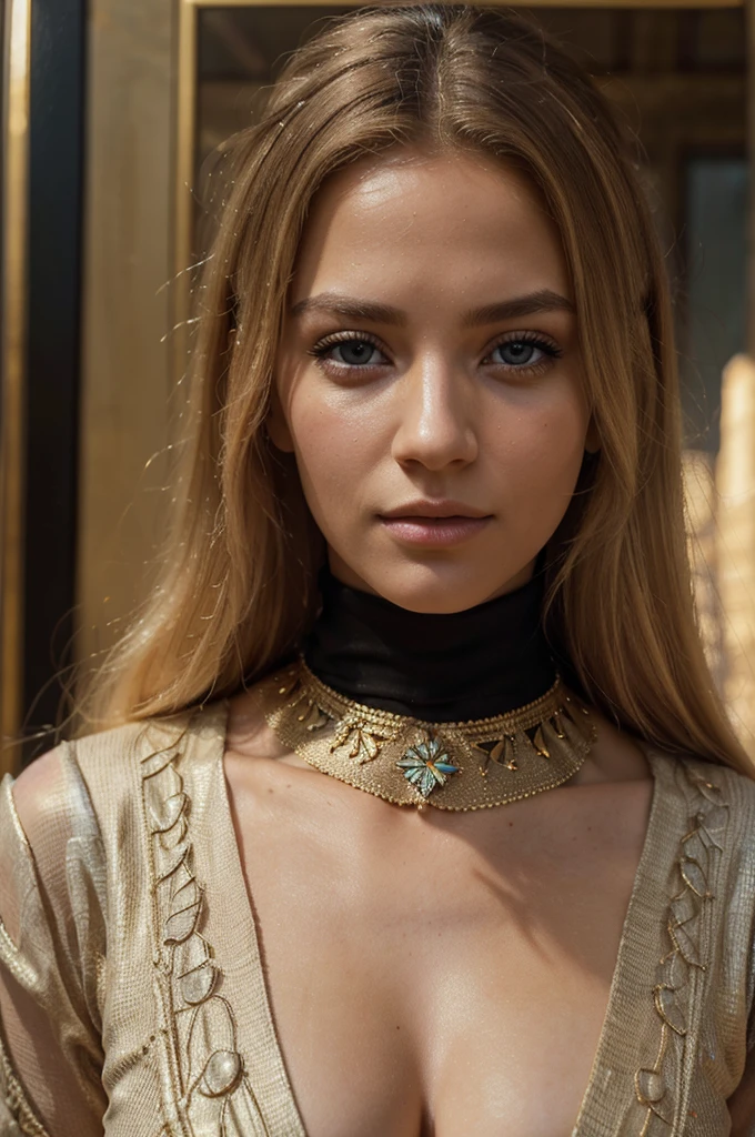 a beautiful blonde woman, beautiful golden blonde hair, detailed eyes, beautiful detailed lips, extremely detailed face, long eyelashes, in the country of Egypt, wearing a black hijab, (best quality,4k,8k,highres,masterpiece:1.2),ultra-detailed,(realistic,photorealistic,photo-realistic:1.37),HDR,UHD,ultra-fine painting,sharp focus,physically-based rendering,extreme detail description,professional,vivid colors,bokeh,portrait, vue sur les pyramides en arrière plan, photo prise par un photographe, le cheveux porter par le vent, les mains derrière le dos