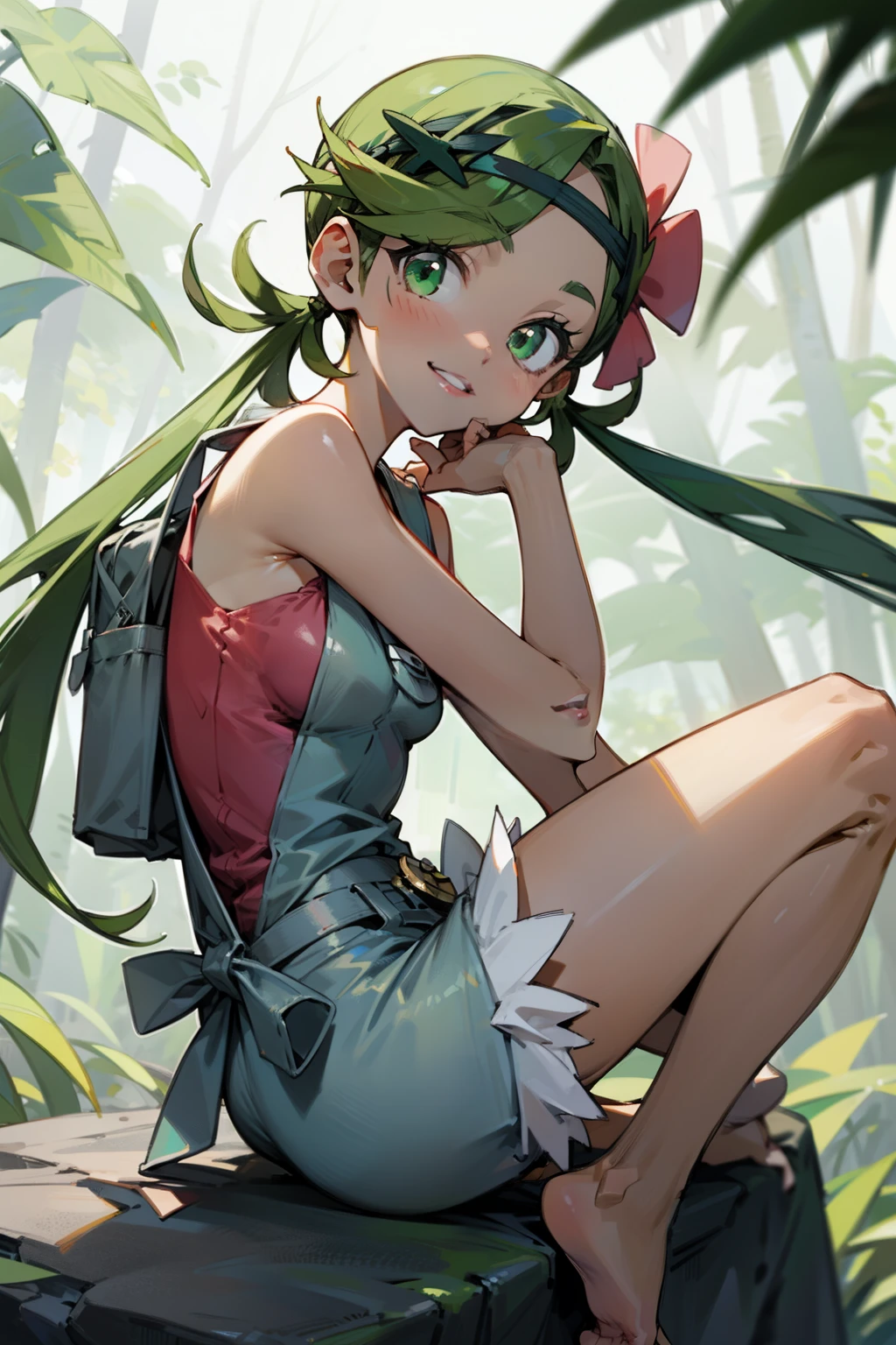 (Masterpiece), Best Quality, ultra-detailed, 1girl(zodiac_mallow , lovely small breasts, dark skin , green hair, long hair, twintails, headband, pink flower in hair, green eyes), a playful face , smile, parted lips(teeth), solo,  Put your hands on your face , head tilt, look to the side, denim overalls, backpack  , outdoor, forest, , on the  rock,  straddle, sitting on rock, spread legs 