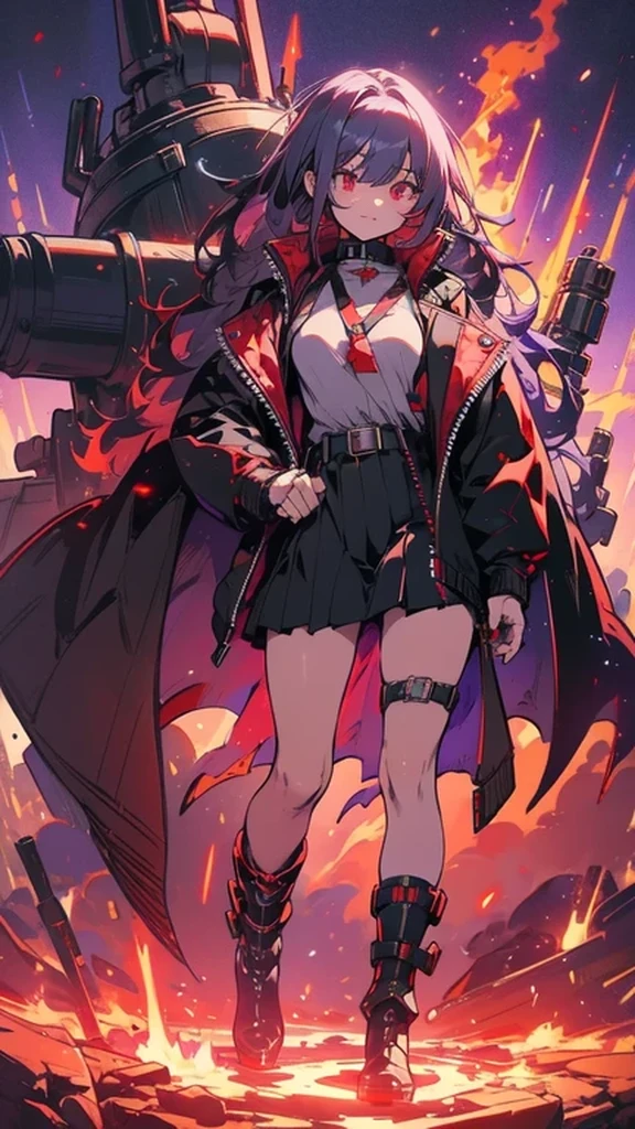 girl with long hair, perfect body, purple-red eyes, military jacket, beautiful thick thighs, purple-red and black clothing, military boots, many belts, holds a futuristic machine gun with both hands, has war scars, walking shot, focus Full body, high definition details, military base background.