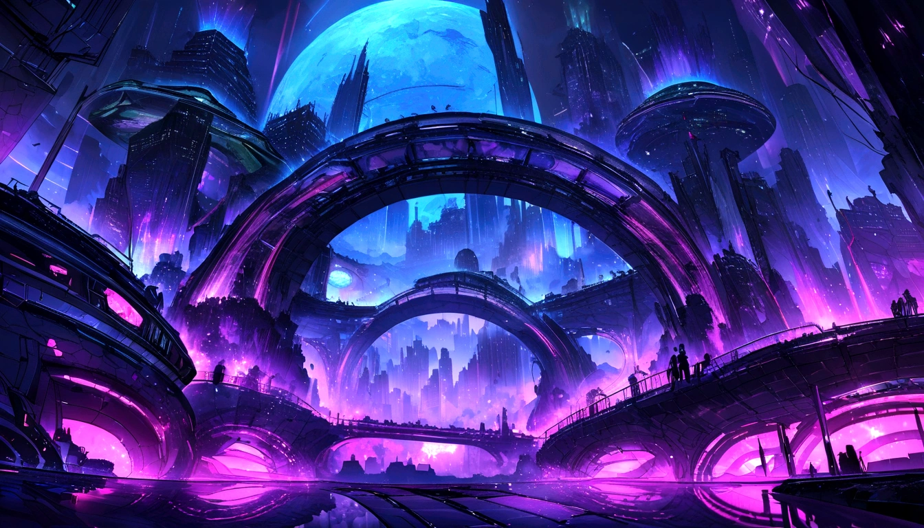 "Create a high-resolution image that depicts a stunning futuristic landscape with a darker color palette. The landscape should show a nocturnal or twilight setting, with futuristic buildings that light up in vibrant shades of blue, roxo e neon. The sky should be starry and peppered with high-tech lights, giving a sense of an advanced and mysterious world. Innovative Architectural Structures, like skyscrapers, Suspension bridges and flying vehicles, devem compor a paisagem. A imagem deve transmitir uma atmosfera de beleza, Technological advancement and a touch of dark futurism. The details and sharpness of the image are essential to bring out the richness of the futuristic landscape in darker color palette.