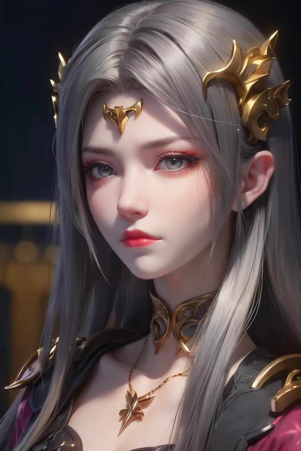 young six year old girl, long grey hair, grey eyes, beautiful, apathetic expression