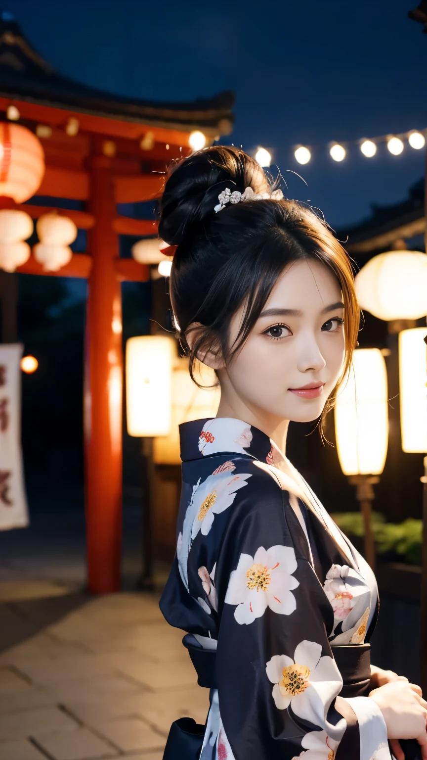 [super high quality,Masterpiece,Ultra high definition],((Japanese,woman,1 person,Super Beauty,Japanese beauty)),(seven-headed body,Model Body Type,Beautiful Skin,Dark brown eyes,A shy smile),(Middle Hair,Black Hair,Her hair is tied up in a bun),(A lustrous yukata,A yukata with a floral pattern made of white fabric),Approach to the shrine,fair,Out-of-focus background,night,Summer festival