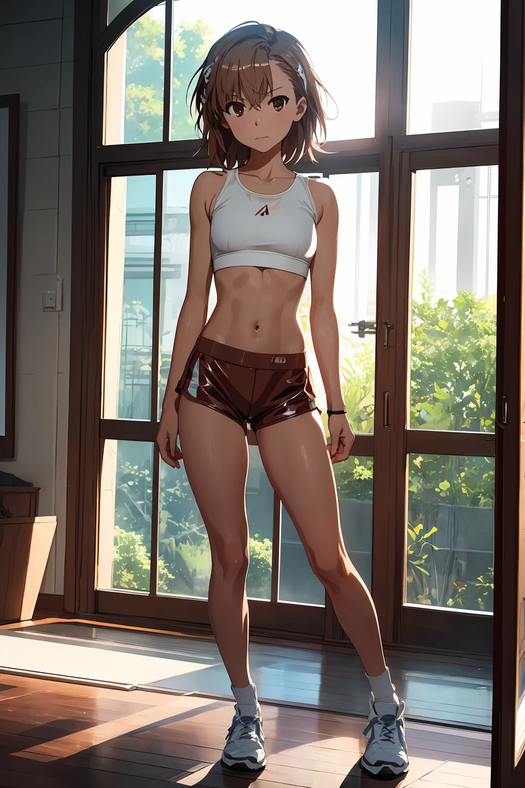 Highest quality:1.5, High resolution, uhd, 4K, Detailed lighting, Shaders), NSFW Misaka Mikoto,short hair　Brown Hair　Brown eyes　Cool face　　((Black latex shorts))++　Sports bra with a small area　Realistic sun rays　 Beautiful park　topless　Completely naked