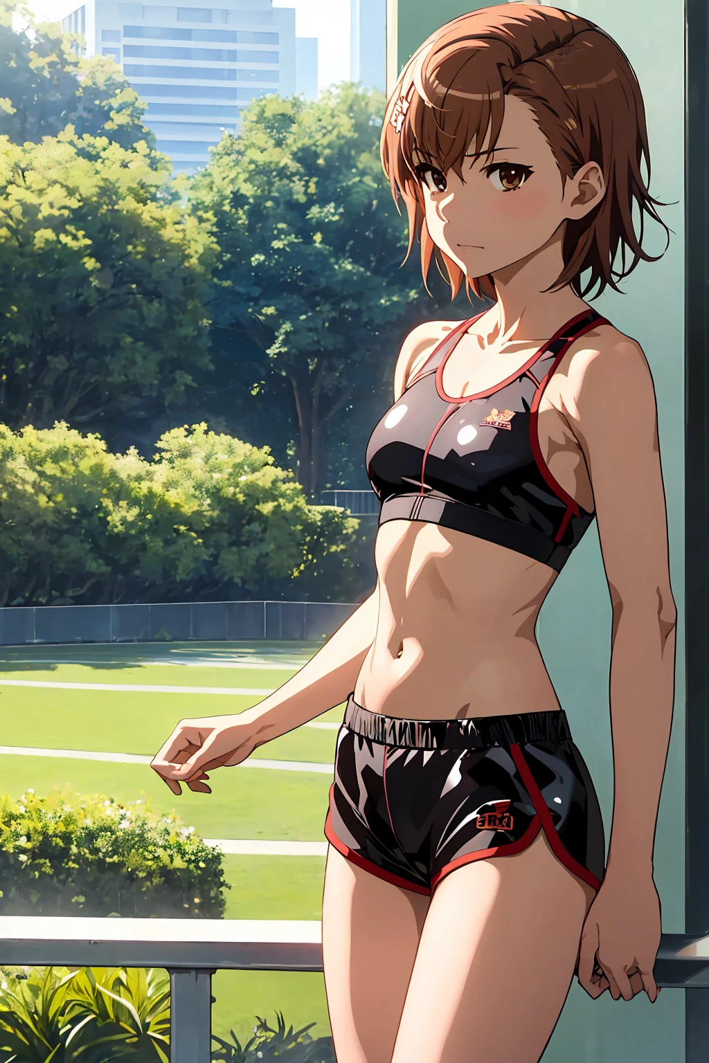 Highest quality:1.5, High resolution, uhd, 4K, Detailed lighting, Shaders), NSFW Misaka Mikoto,short hair　Brown Hair　Brown eyes　Cool face　　((Black latex shorts))++　Sports bra with a small area　Realistic sun rays　 Beautiful park　topless　Completely naked