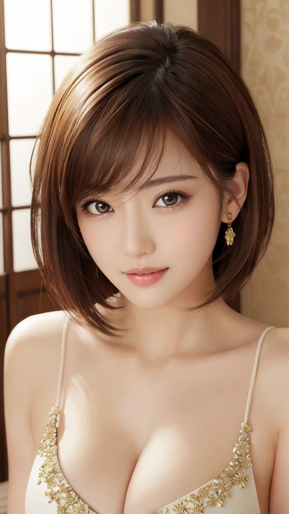 masterpiece、Highest quality、High resolution、Tabletop、wallpaper、Realistic、Bright lighting、Professional Lighting、Face Light、Smooth lighting、Japanese women、Adult、Beautiful woman、action、gravure、sexy、so beautiful、Beautiful Skin、Beautiful and exquisite、Detailed face、slim、short hair、Brunette colored hair、Brown eyes、Looking into the camera、Cleavage