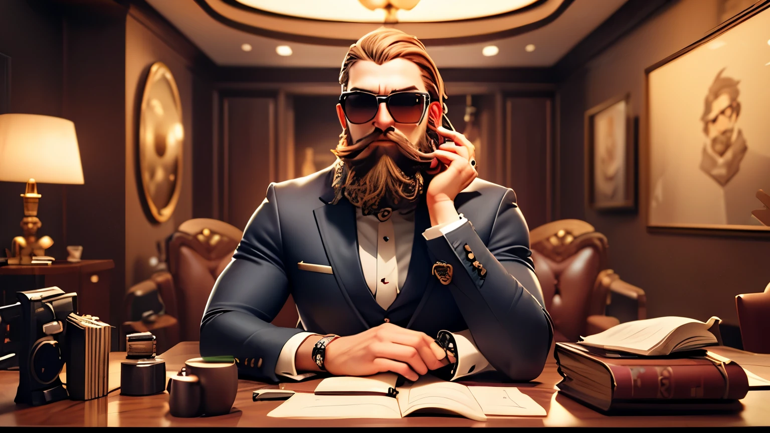 a man with a beard and sunglasses sitting at a desk, epic and classy portrait, jody highroller, epic game portrait, mogul khan, handsome man, bearded, gentleman, twitch streamer / gamer ludwig, rich with epic details, sitting behind a luxury desk, jody highroller, ,looking happy, mogul khan, businessman , american man, with big moustache and beard , dressed in a suit and sunglasses , youtuber , sitting behind a luxury desk , in a bright living room , youtuber ambiance, influencer , ultra detail, high resolution, ultra detailed, best quality, amazing, top quality, extremely detailed CG unity 8k wallpaper, cinematic lighting,