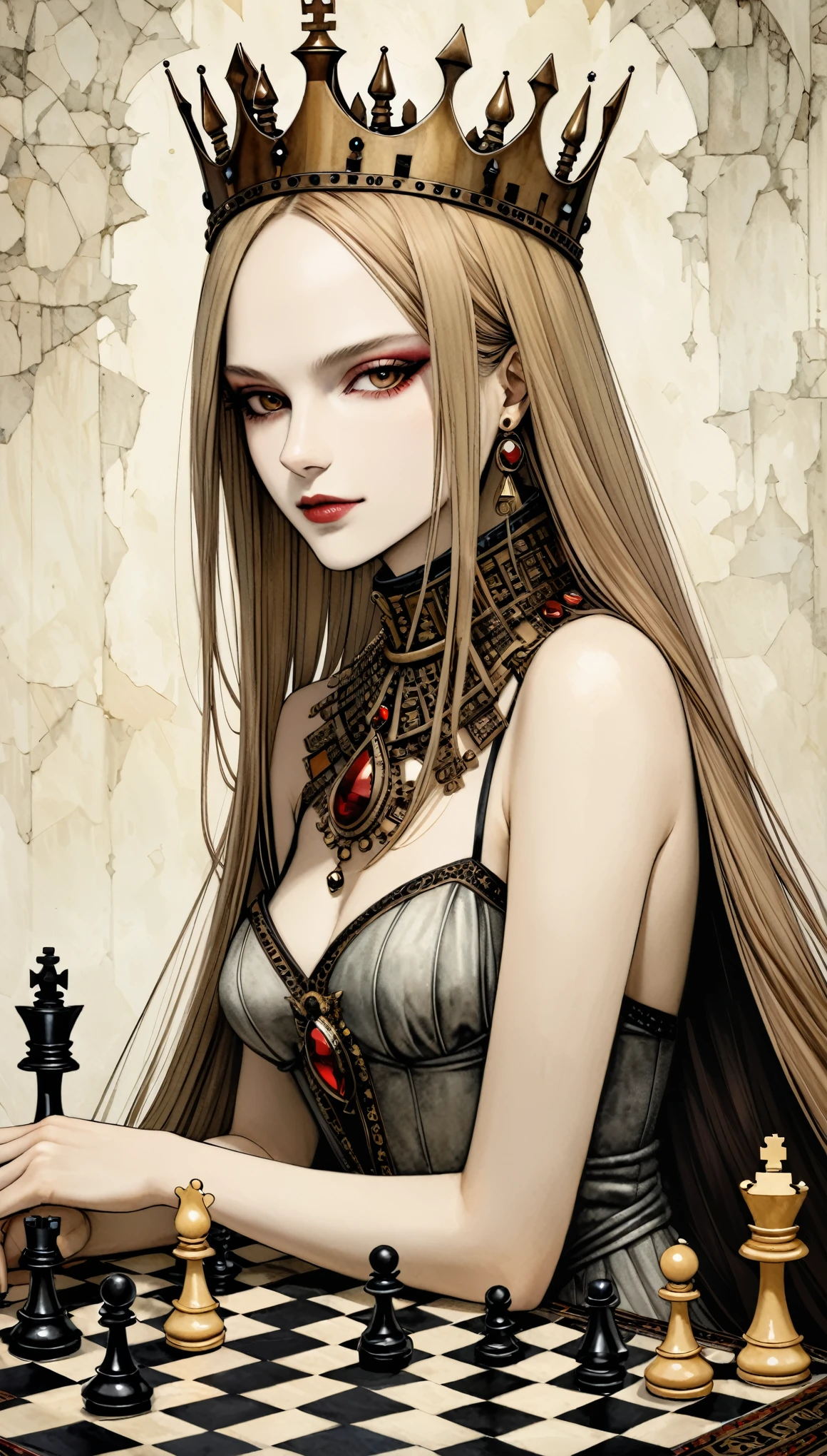 in style of Santiago Caruso,
1girl,
queen \(chess\),