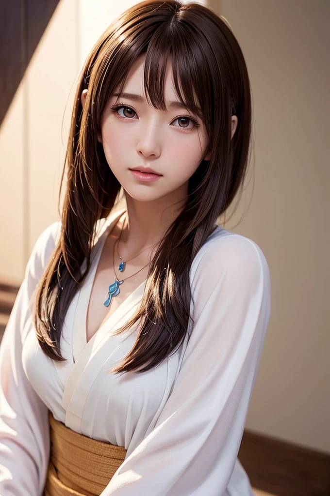 Final Fantasy (Yuna) Anime girl with brown hair and a white kimono wearing a necklace, Beautiful character drawings, Soft animation CG art, Realistic anime art style, Beautiful anime portraits, Beautiful Anime Women, Photorealistic Anime Girl Rendering, Makoto Shinkai and Artgelm, Realistic 3D anime style, Anime realism style, Anime style digital art, Beautiful Anime Girls