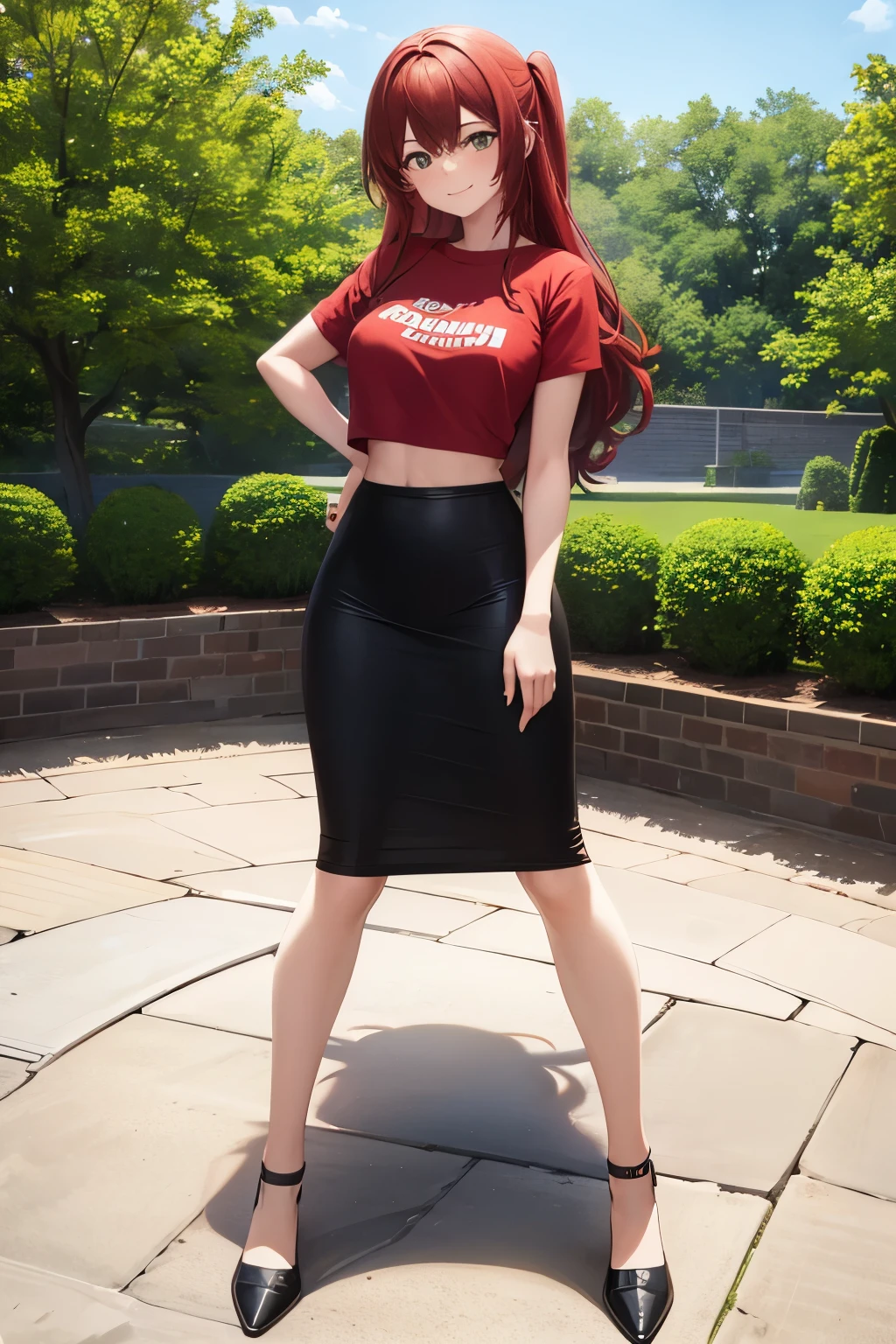1girl, woman, red t-shirt, black midi pencil skirt, midriff, long hair, brown hair, full body, smile, garden