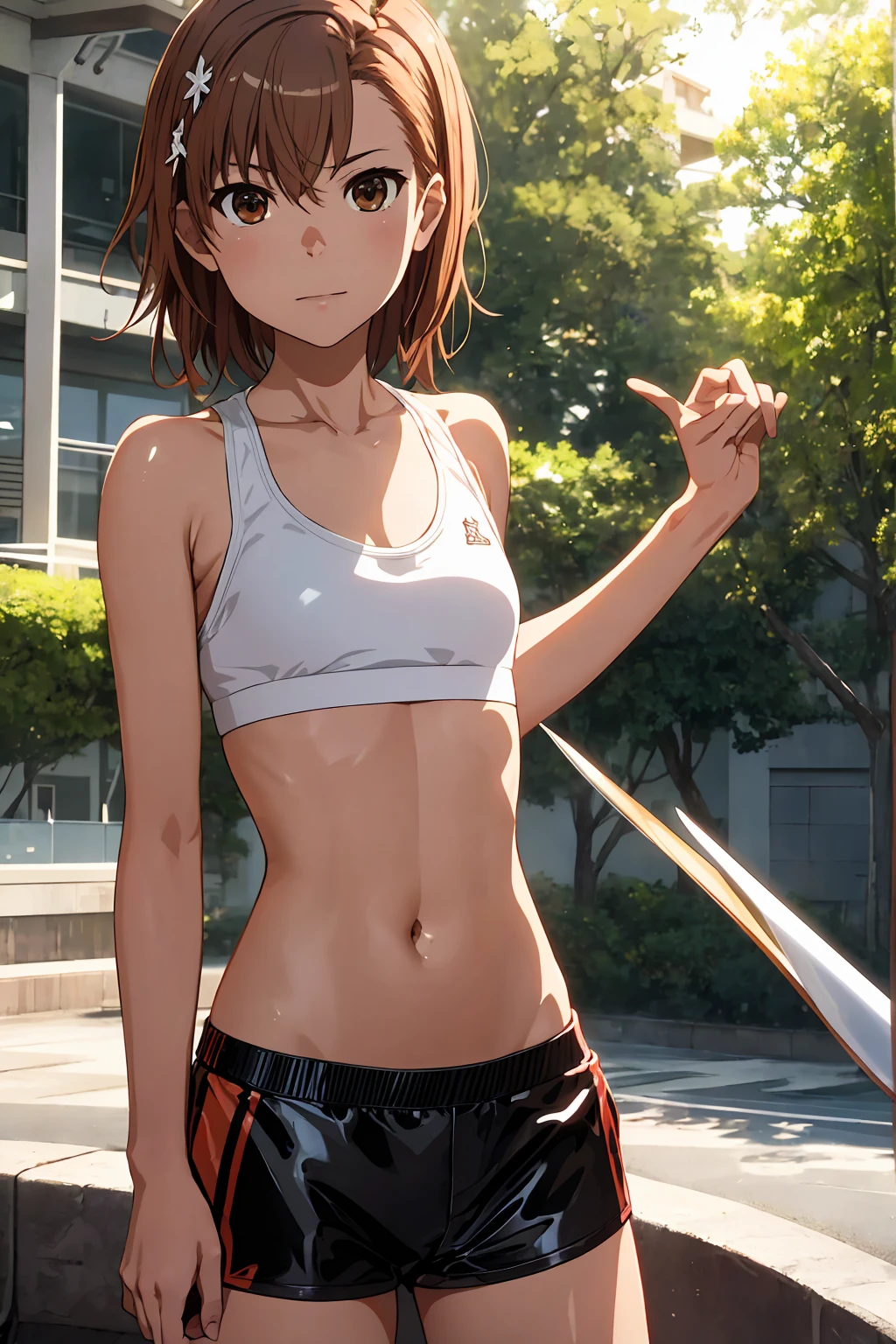 Highest quality:1.5, High resolution, uhd, 4K, Detailed lighting, Shaders), NSFW Misaka Mikoto,short hair　Brown Hair　Brown eyes　Cool face　　((Black latex shorts))++　Sports bra with a small area　Realistic sun rays　 Beautiful park　topless　Completely naked