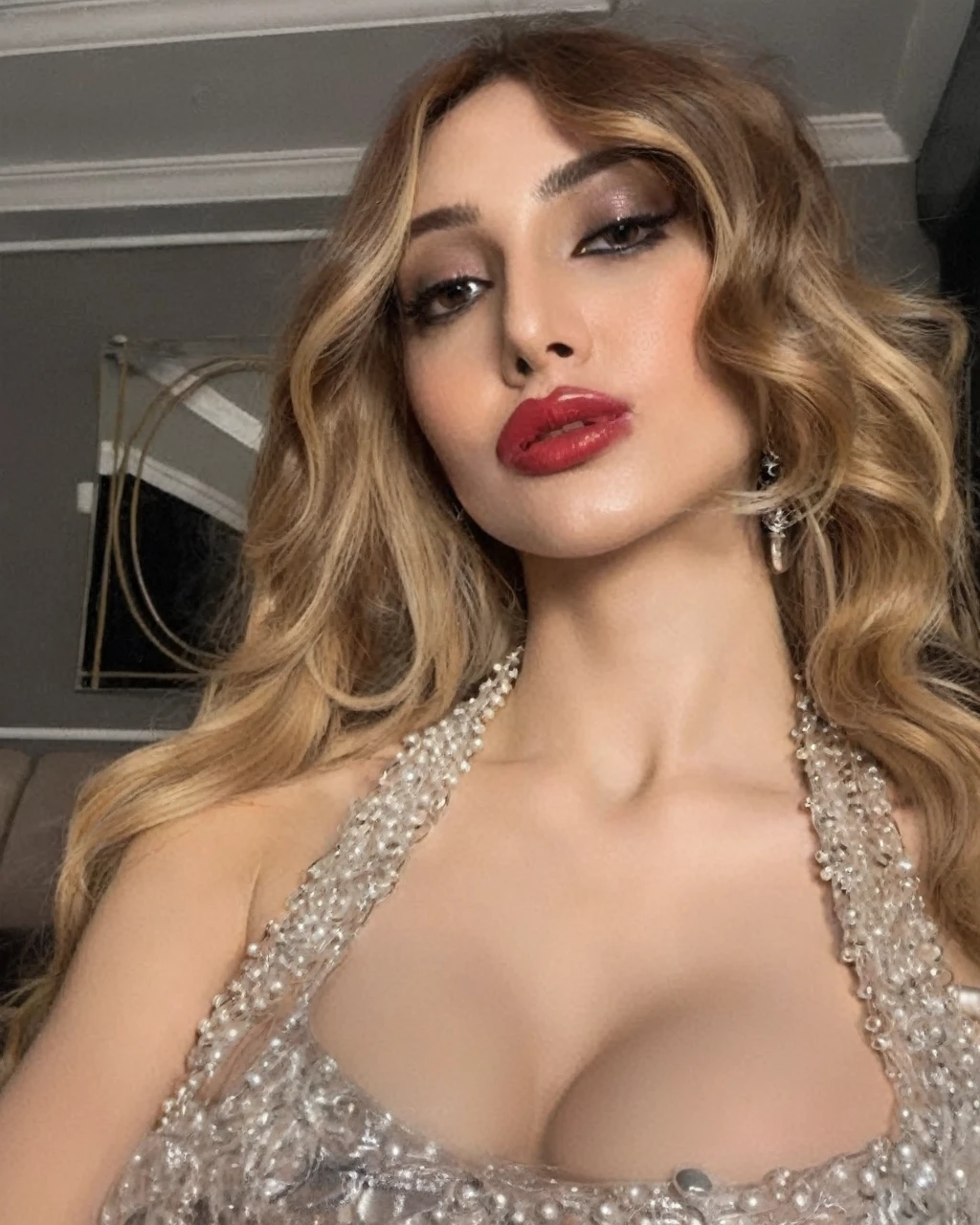Very thin. Naked sexy model. in bdsm style. Latex hijab. Shiny steel bracelets on top of black gloves. and Shiny steel bracelet necklaces are on her wrists. She wears a leather harness over her head and face. Leather garters on his feet.. Red, thick smoke in the background.