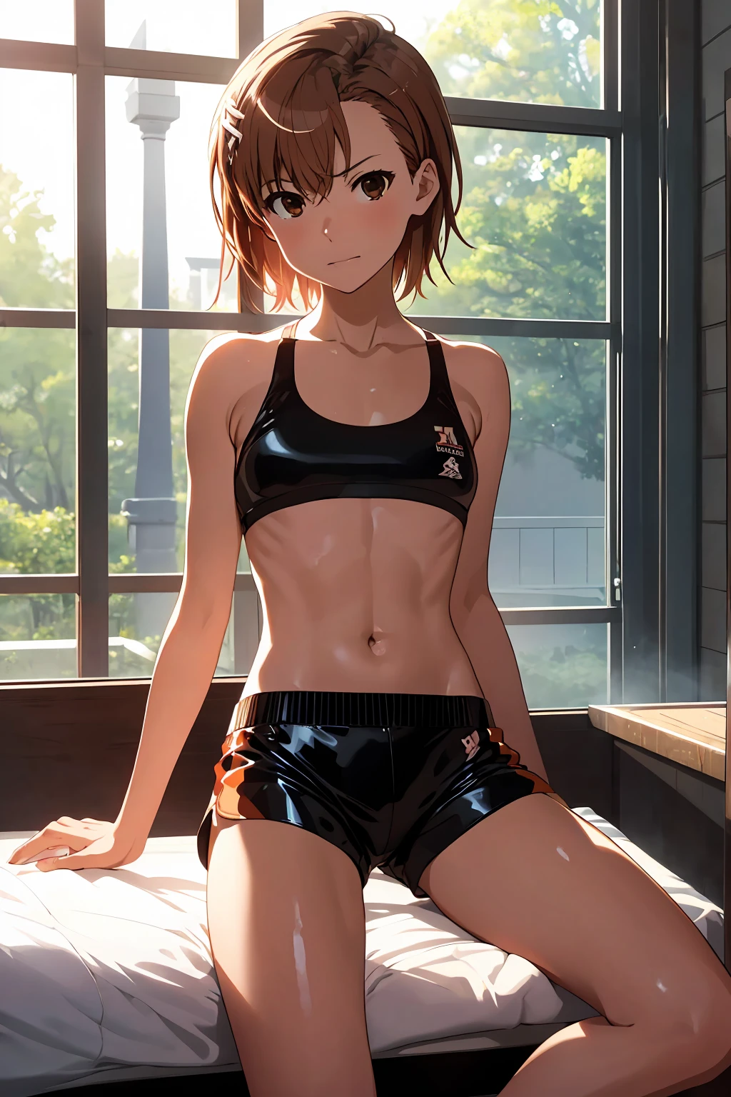 Highest quality:1.5, High resolution, uhd, 4K, Detailed lighting, Shaders), NSFW Misaka Mikoto,short hair Brown Hair Brown eyes Cool face ((Black latex shorts))++ Sports bra with a small area Realistic sun rays Beautiful park topless Completely naked