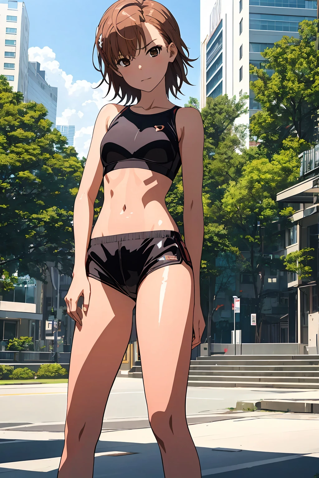 Highest quality:1.5, High resolution, uhd, 4K, Detailed lighting, Shaders), NSFW Misaka Mikoto,short hair　Brown Hair　Brown eyes　Cool face　　((Black latex shorts))++　Sports bra with a small area　Realistic sun rays　 Beautiful park　topless　Completely naked