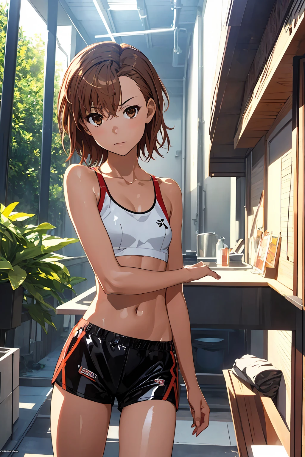 Highest quality:1.5, High resolution, uhd, 4K, Detailed lighting, Shaders), NSFW Misaka Mikoto,short hair　Brown Hair　Brown eyes　Cool face　　((Black latex shorts))++　Sports bra with a small area　Realistic sun rays　 Beautiful park　topless　Completely naked