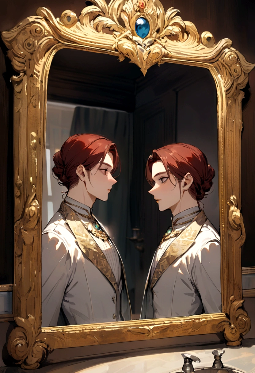 Man looking at reflection through mirror, but seeing someone different in the reflection